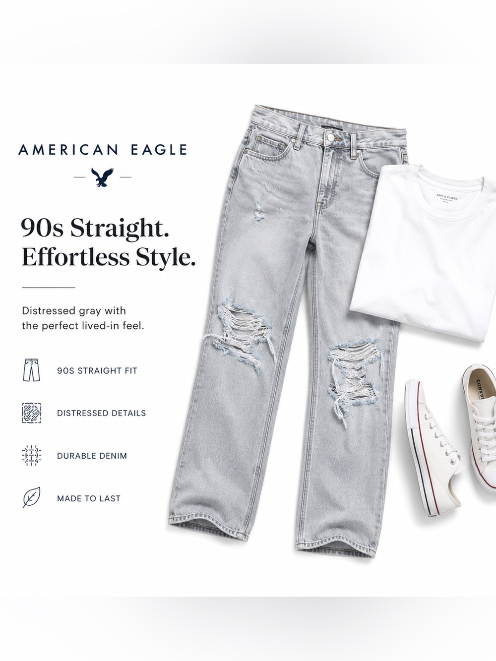 American Eagle Distressed Gray Women Jeans-90s Straight